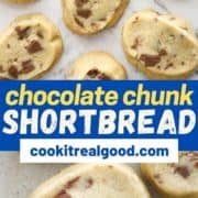 shortbread cookies on a marble background with text overlay "chocolate chunk shortbread".