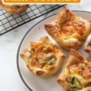 quiches on a white plate with text overlay "vegetarian mini quiches".