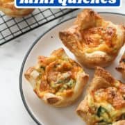 quiches on a white plate with text overlay "puff pastry mini quiches".