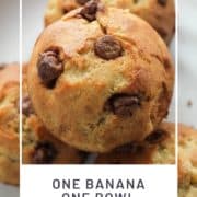 banana muffins piled on top of each other on a white plate with text overlay "one banana one bowl muffins".