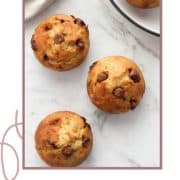 banana muffins on a marble countertop with text overlay "one banana one bowl muffins"..