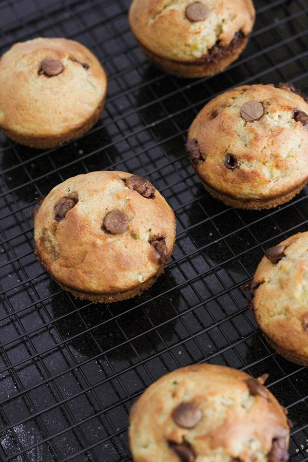 banana muffins on a cooling rack.