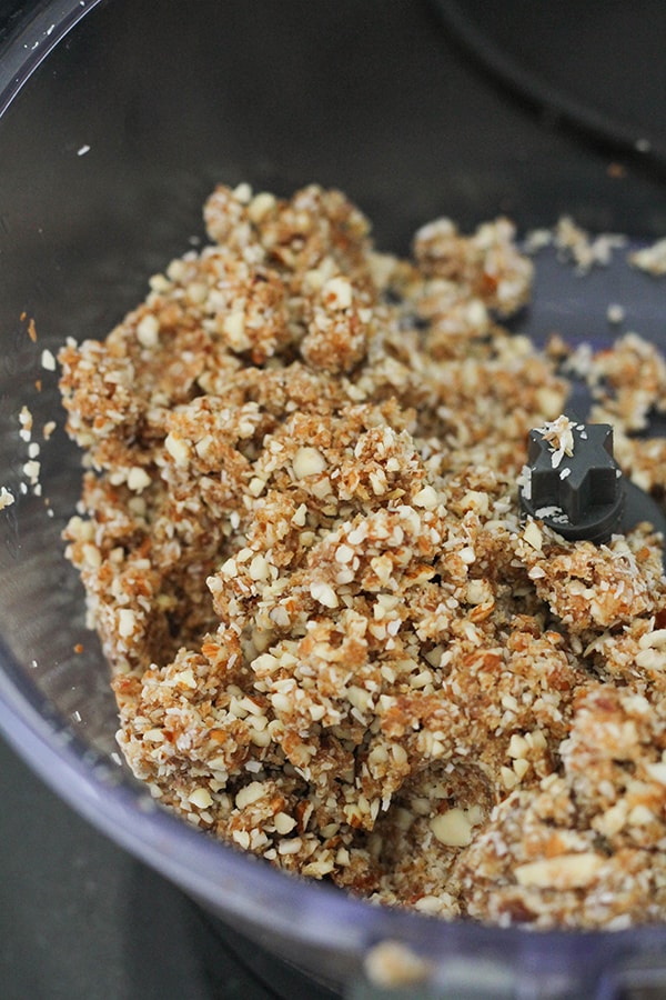 energy ball ingredients blended in a food processor.
