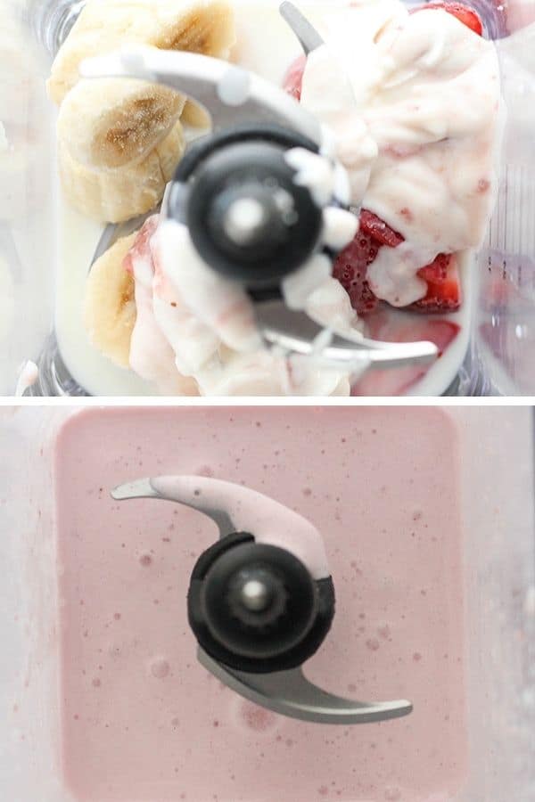 2 images side by side of strawberry smoothie being made in a blender.