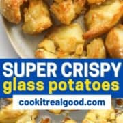 a plate of potatoes with salt flakes on top and text overlay "super crispy glass potatoes".