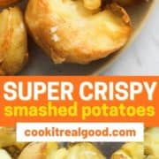 a plate of potatoes with salt flakes on top and text overlay "super crispy glass potatoes".