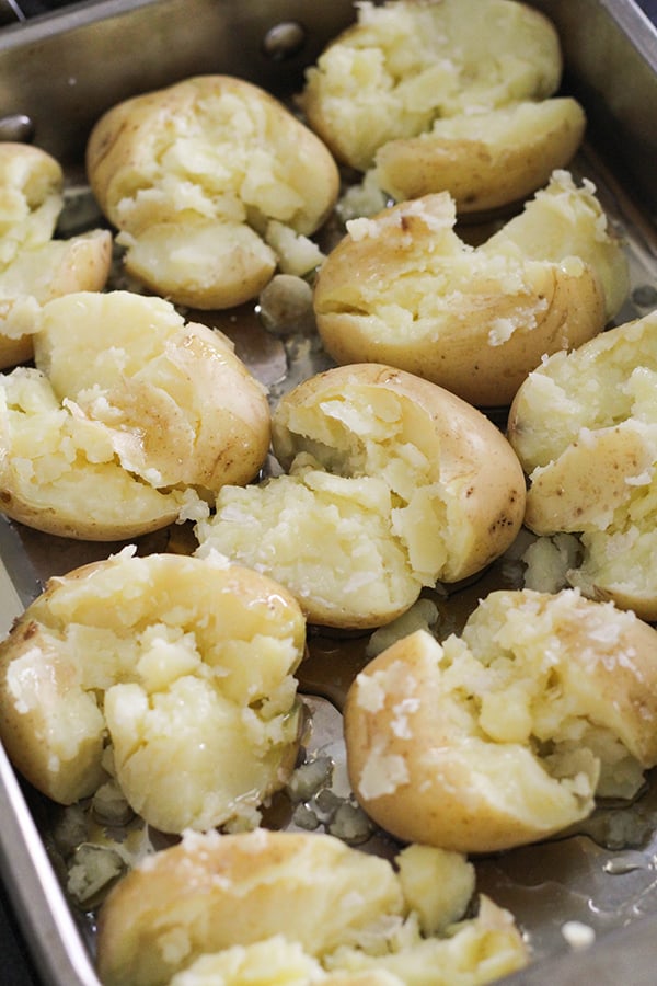 potatoes in a roasting pan.