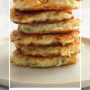 stack of fritters on a plate with text overlay "potato fritters".
