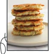stack of fritters on a plate with text overlay "potato fritters".