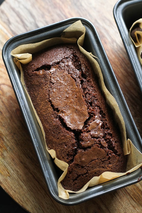 cooked brownie in a loaf pan.