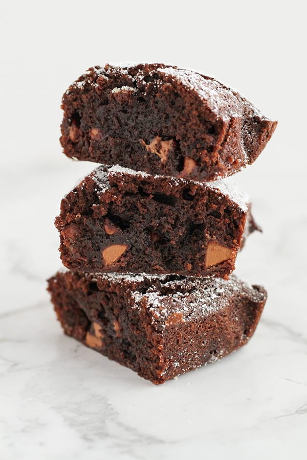 a stack of chocolate brownies.