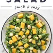 salad in a white bowl with text overlay "mango avocado salad".