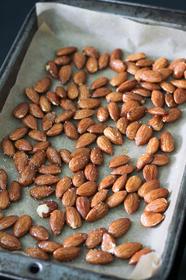almonds on a baking tray.