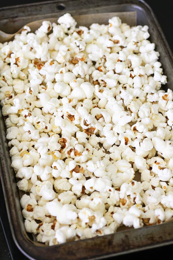 popcorn on a baking tray.