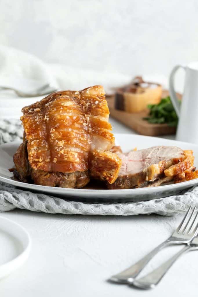 roast pork sliced on a serving plate.