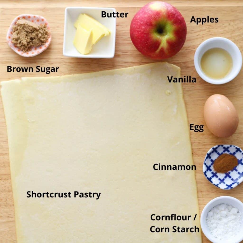 ingredients for air fryer apple pie, including butter, cinnamon and shortcrust pastry.